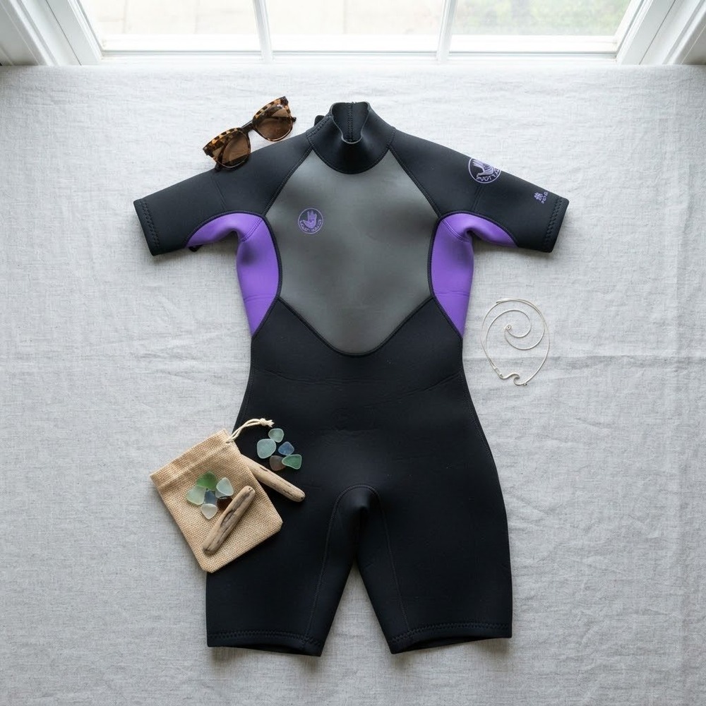 Body Glove Springsuit Wetsuit Womens Large Black Purple Short Sleeve Surf Core